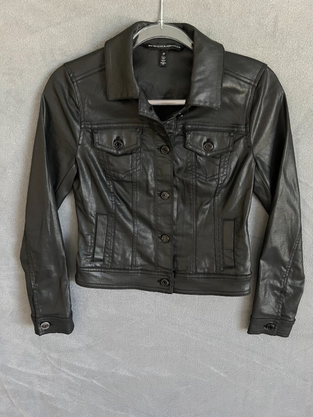 WHBM 2P Black Coated Denim Trucker Jacket Cropped Button Front - Picture 2 of 8